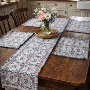 Blue Heart Pattern Table Runner and Placemats Set